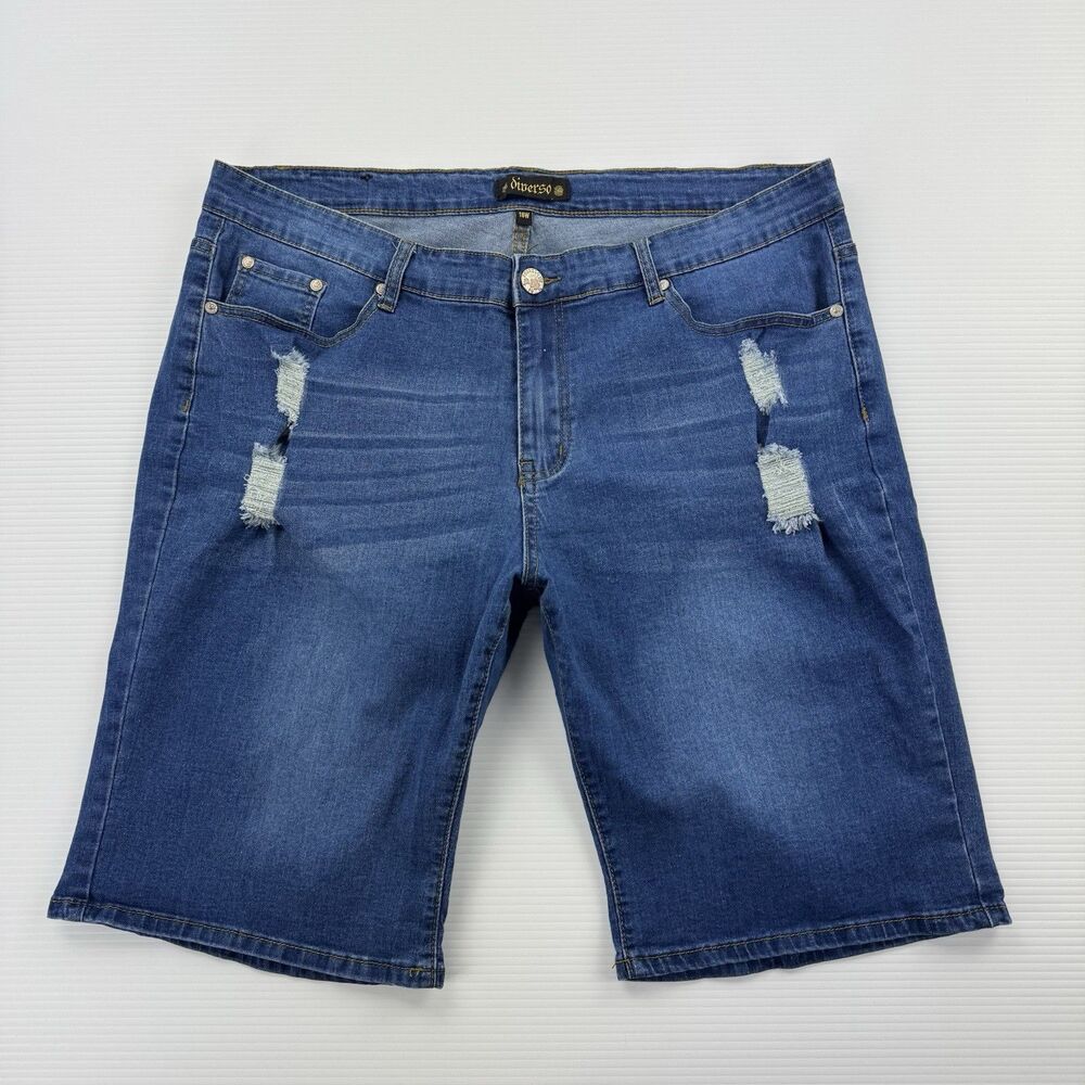 Diverso Plus Size 18W Denim Shorts Womens Distressed Stretch Blue Summer